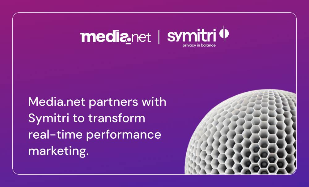 Media.net and Symitri partnership banner announcing a real-time performance marketing solution using private signals and open web targeting